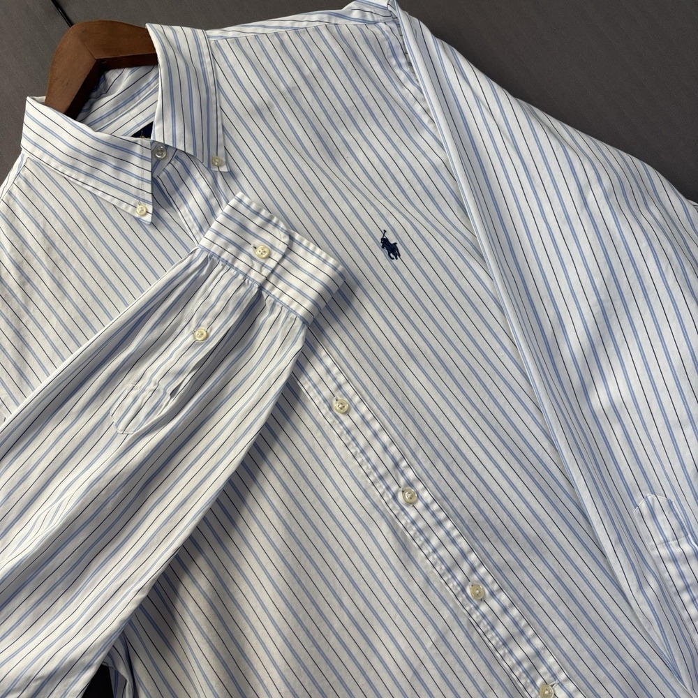 Ralph Lauren Mens Classic Fit Dress Shirt 17 32/33 Blue White Stripe Pocket XL